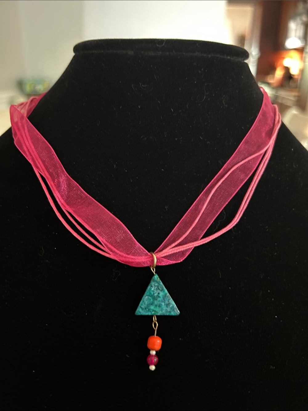Fuchsia Multi-Strand Ribbon Necklace with Turquoise Triangle Pendant
